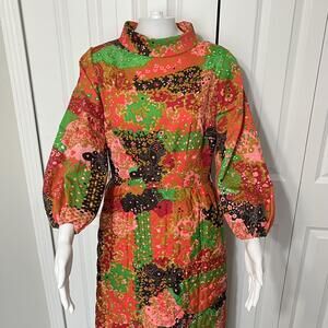Vintage Sears House Dress At Home Wear USA Quilted Floral Maxi Mock Neck 60s 70s